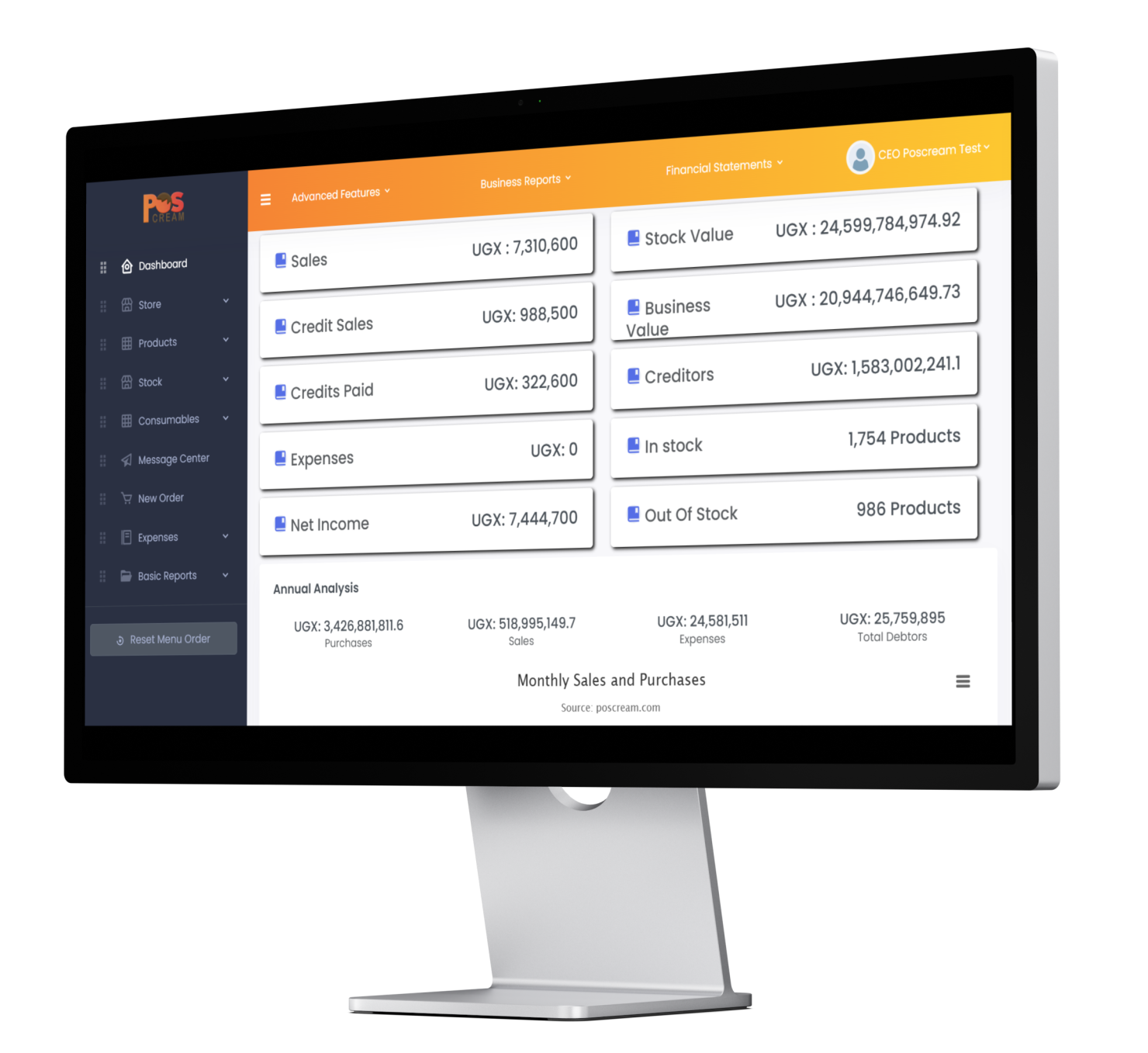 POSCream dashboard showing connected sales and inventory